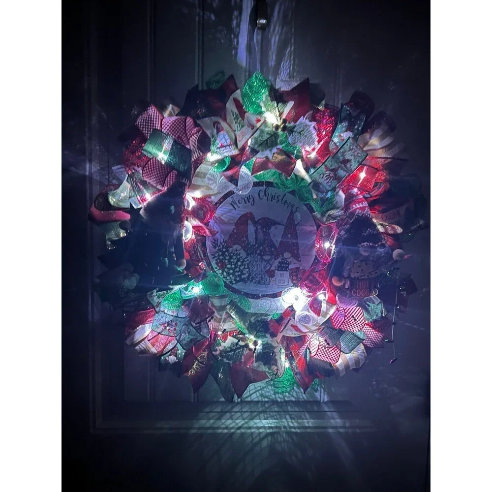 Handmade Christmas Tree Gnome Holiday Ribbon Door Wreath 22 ins W71
